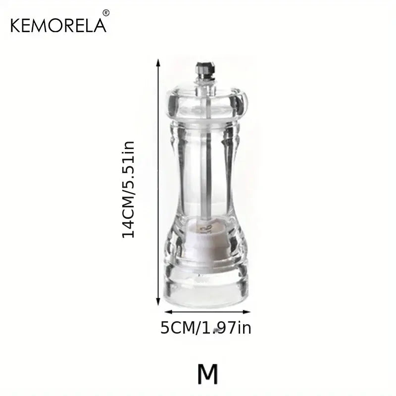 Clear glass decorbites acrylic manual pepper grinder with metallic top and side handles for kitchen spice shaker use