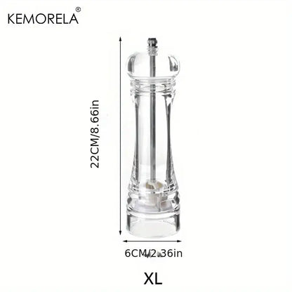 Clear glass acrylic manual pepper grinder by kemorela with metallic top and base for modern kitchen decorbites use