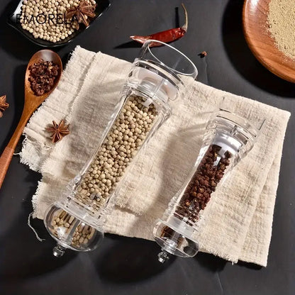 Clear glass acrylic manual pepper grinder filled with white and black peppercorns for kitchen spice mill decorbites acrylic manual