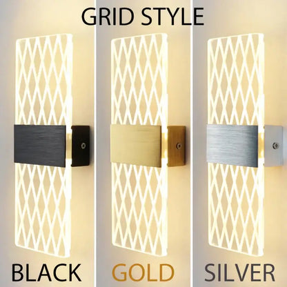 Modern acrylic touch sensor led wall lamp bedroom sconce with grid-style black gold and silver finishes