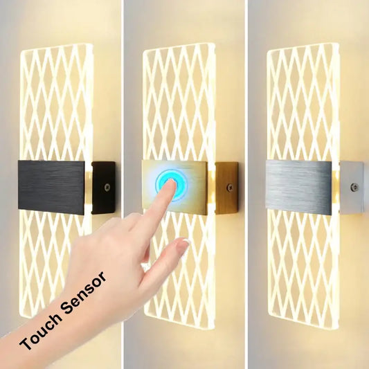 Modern acrylic led wall lamp with diamond-patterned translucent diffuser, brushed metal bar, and touch sensor controls
