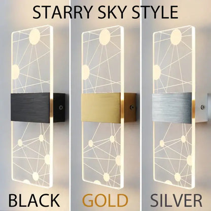 Starry sky style modern acrylic touch sensor led wall lamp with geometric design in black gold and silver finishes