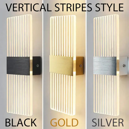 Modern acrylic vertical stripes led wall lamp with touch sensor available in black gold and silver finishes for bedroom use