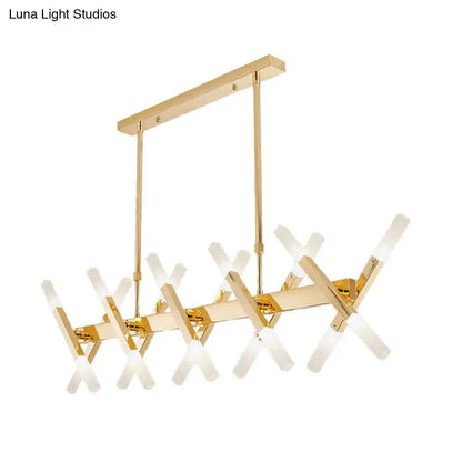 Gold-finished modern tube island pendant light with intersecting arms and frosted glass for dining room lighting