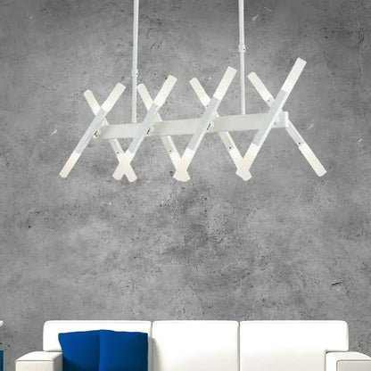 Modern white acrylic tube island pendant light with intersecting angular bars in black white for dining room lighting