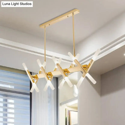 Modern gold-toned acrylic tube island pendant light with intersecting arms and frosted glass shades for dining room lighting