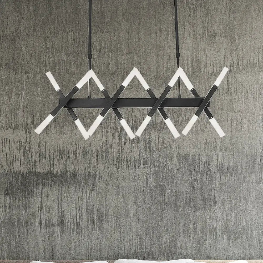 DecorBites™ modern acrylic tube island pendant light in black and white with intersecting angular bars for dining room lighting