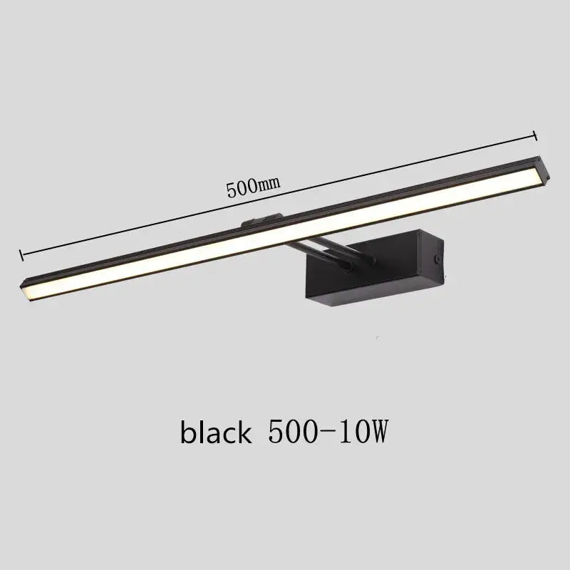 Black 500mm led wall-mounted vanity mirror light with sleek rectangular design and integrated mounting bracket