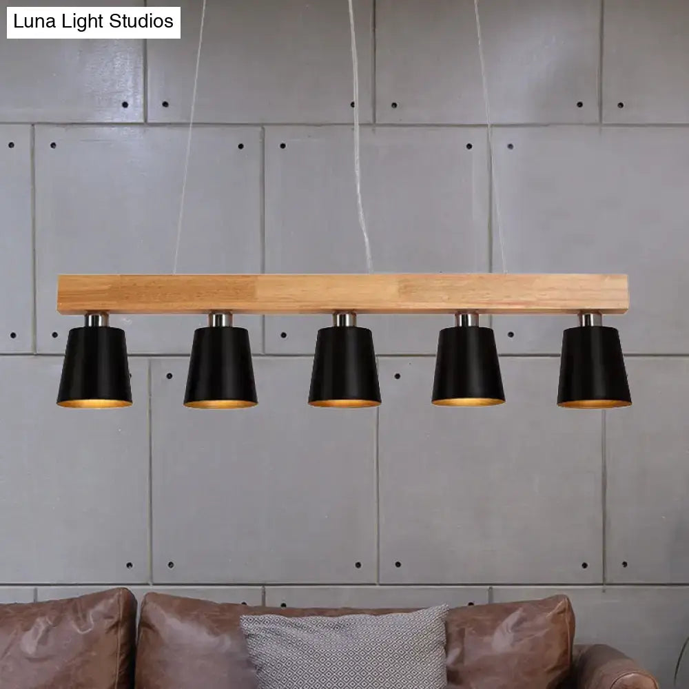 DecorBites modern pendant lamp with natural wood beam and five black conical shades compatible with e26 e27 bulbs