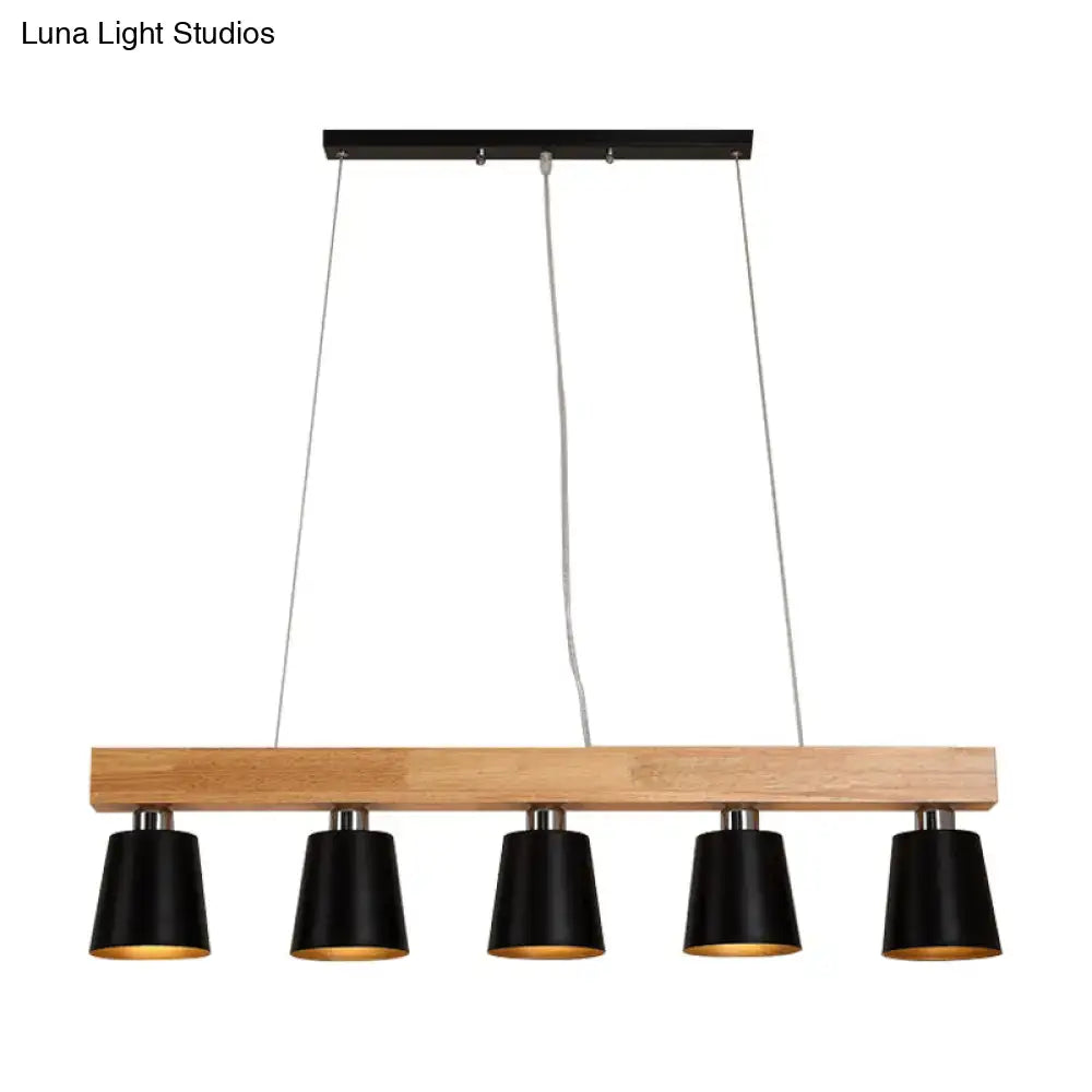 DecorBites™ modern black pendant lamp with natural wood beam and five conical shades compatible with e26 e27 bulbs
