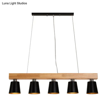 DecorBites™ modern black pendant lamp with natural wood beam and five conical shades compatible with e26 e27 bulbs