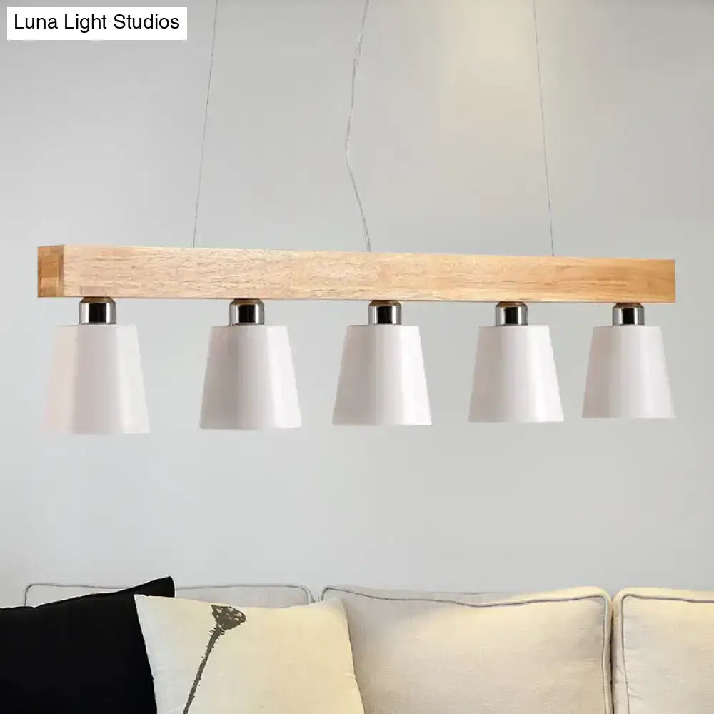 DecorBites modern adjustable five-light pendant lamp with light wood beam white conical shades for e26 e27 bulbs