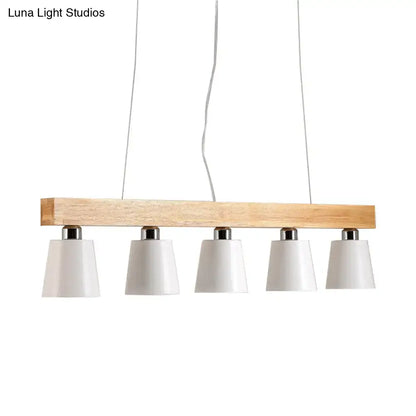 DecorBites modern adjustable pendant lamp with natural wood beam and five white ceramic e26 e27 shades in black and white