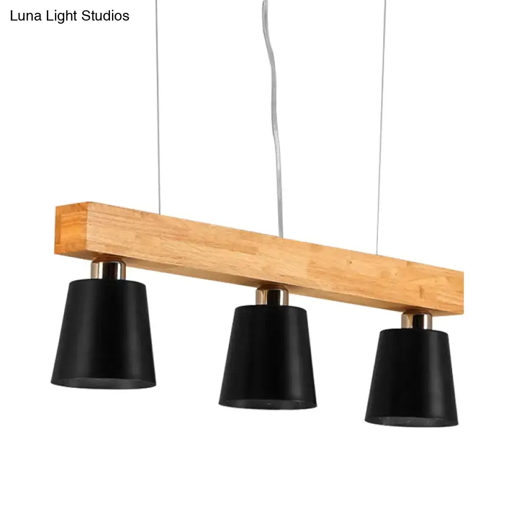 DecorBites modern adjustable pendant lamp with natural wood beam and three matte black conical e26 e27 shades