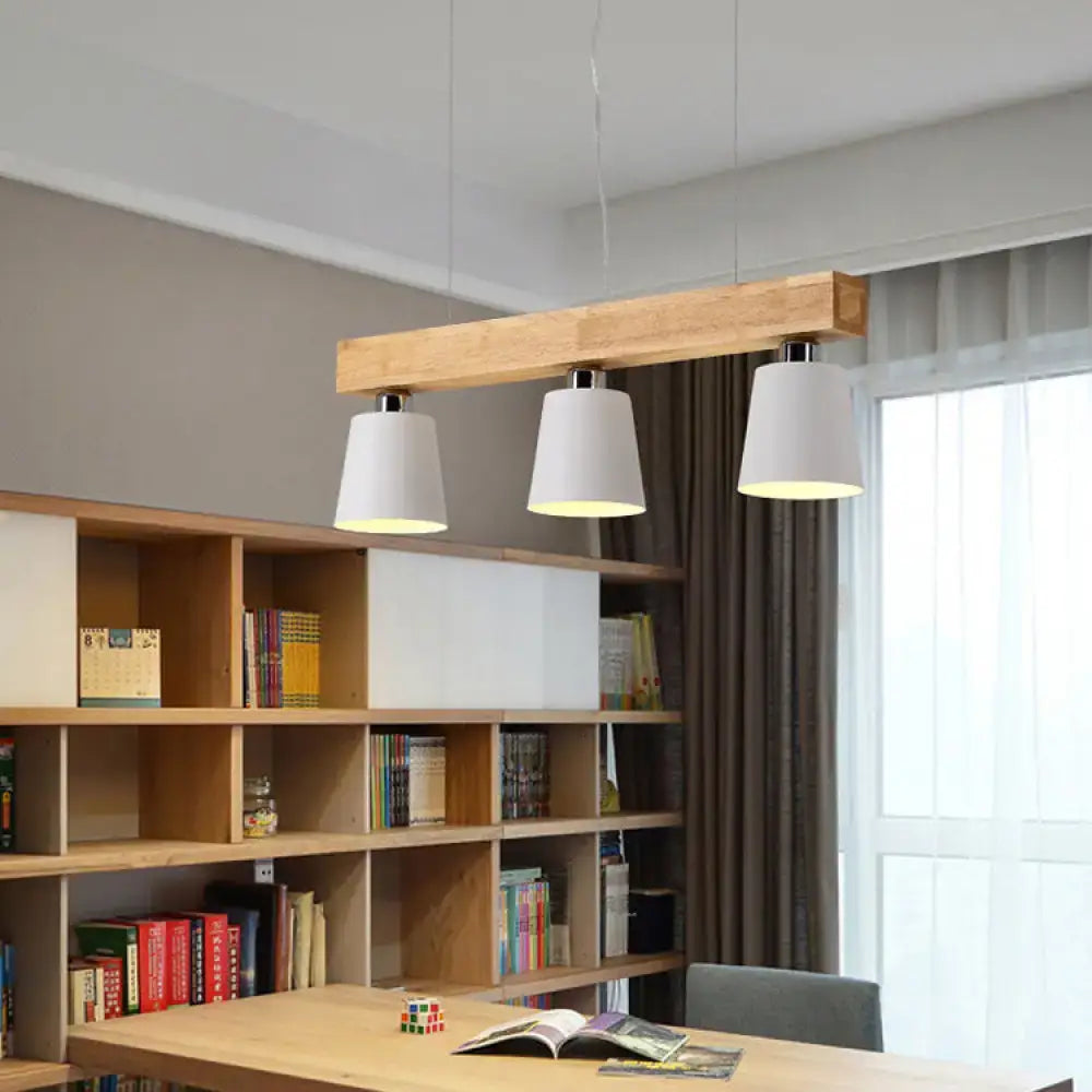 Modern wooden pendant lamp with three white conical shades compatible with e26 e27 bulbs for kitchen island lighting