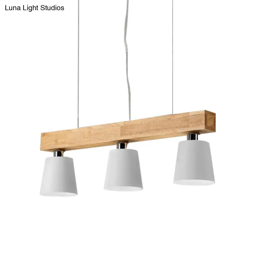 Modern wooden beam pendant lamp with three white conical shades compatible with e26 e27 bulbs for versatile lighting