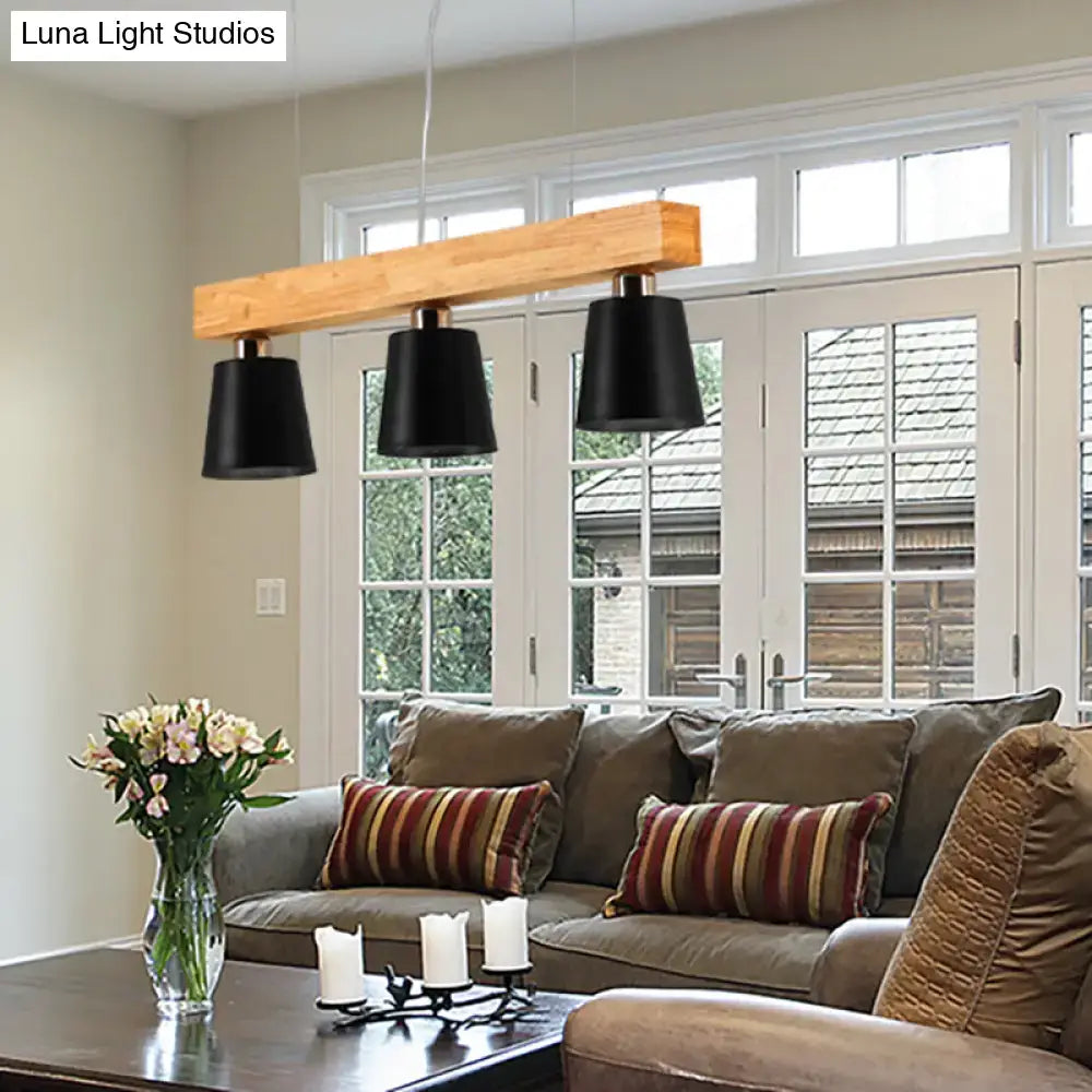 Modern wooden beam pendant lamp with three black conical shades compatible with e26 e27 bulbs for island lighting