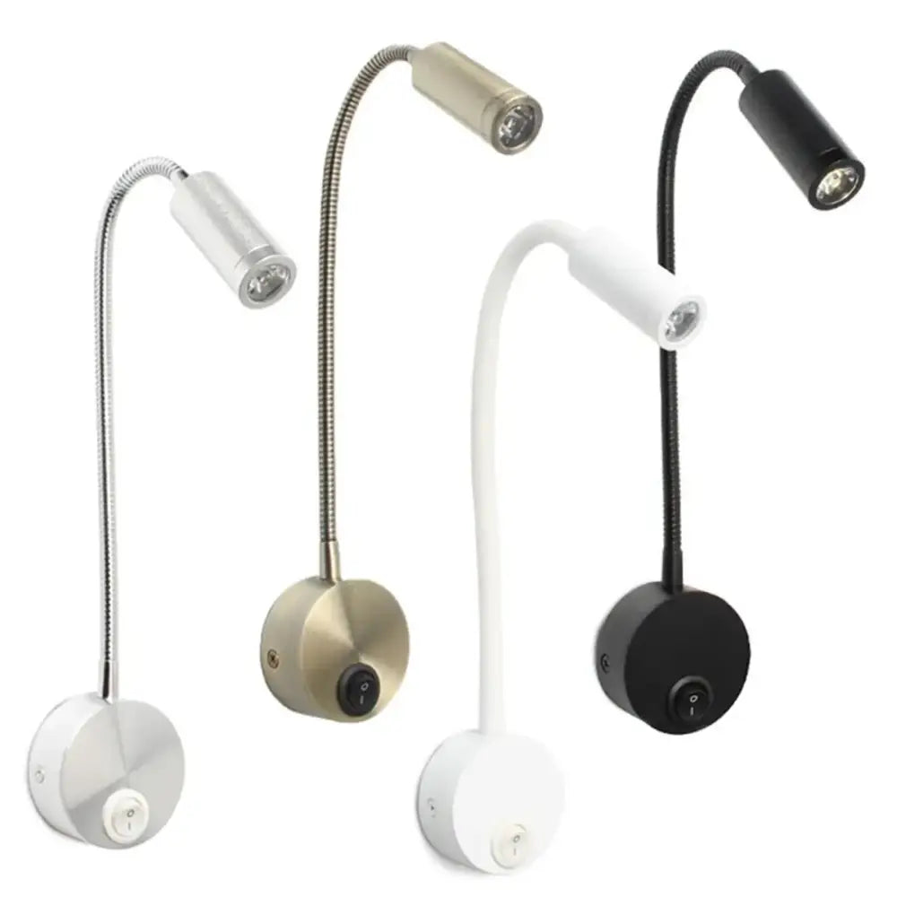 Four modern adjustable gooseneck led bedside wall sconces in white black and brushed metal for bedroom reading