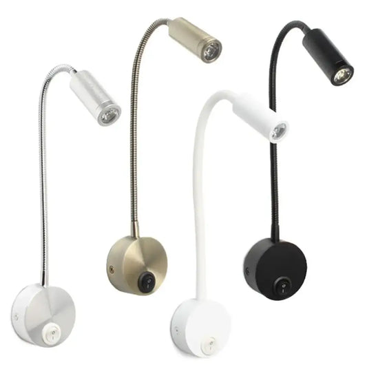 Four modern adjustable gooseneck led bedside wall sconces in white black and brushed metal for bedroom reading