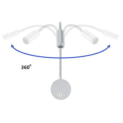 Silver modern adjustable gooseneck led bedside wall sconces with three flexible arms and clear cylindrical light heads