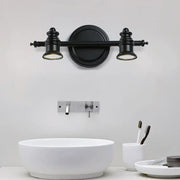 Modern adjustable matte black wall light fixture with two spotlights for bathroom vanity installation
