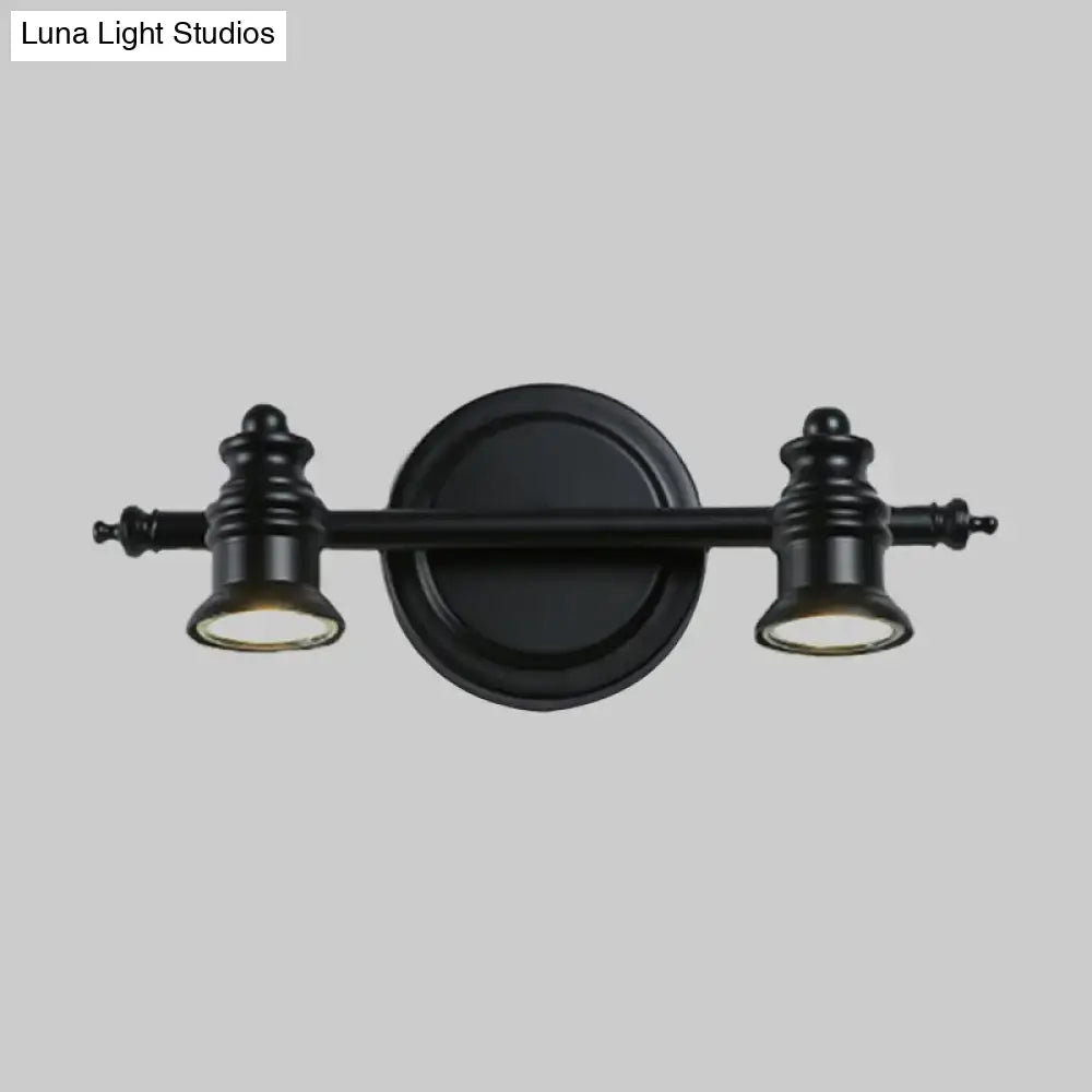 Modern adjustable matte black wall light fixture with two adjustable spotlights for bathroom vanity use