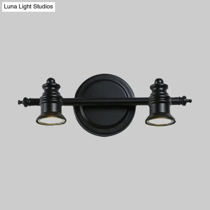Modern adjustable matte black wall light fixture with two adjustable spotlights for bathroom vanity use