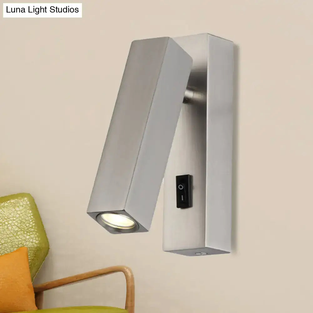 Modern adjustable silver white led reading lamp with rectangular wall-mounted design and black silver switch