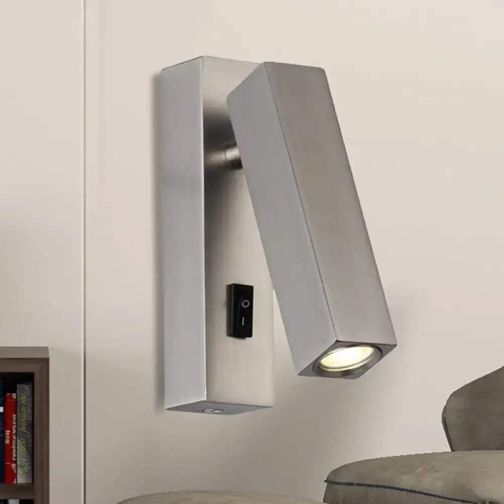 Modern adjustable silver white led reading lamp bedroom sconce with sleek rectangular metallic wall-mounted design