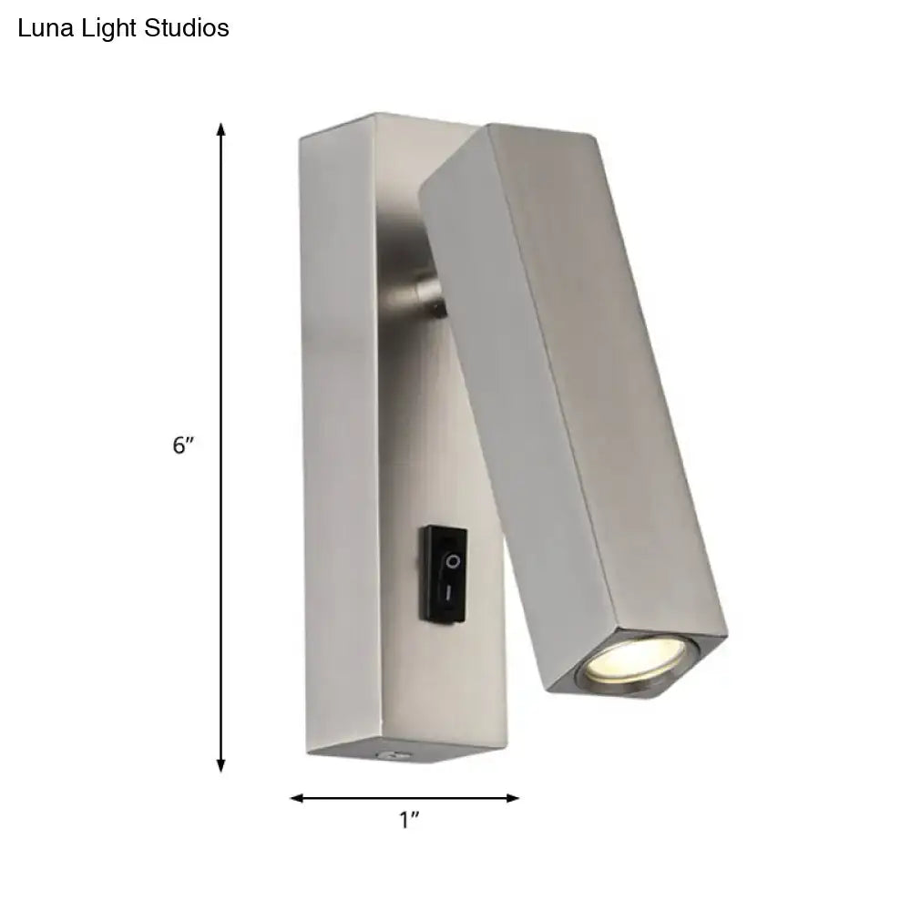 Modern adjustable silver white led reading lamp bedroom sconce in brushed stainless steel with sleek rectangular design and adjustable head