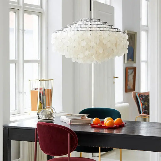 Modern decorbites aeolian bells shell chandelier pendant light with cascading white shell discs and chrome rings for living room decor