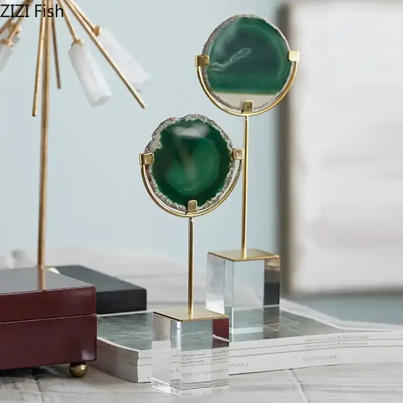 Elegant green agate geode slices in gold-toned metal and clear acrylic decorbites crystal base for modern living room decor