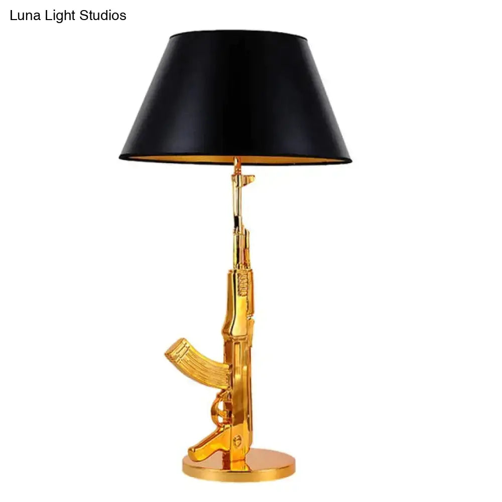 Modern ak47 gun lounge floor lamp in silvery gold lustre with black conical shade for stylish bedroom lighting