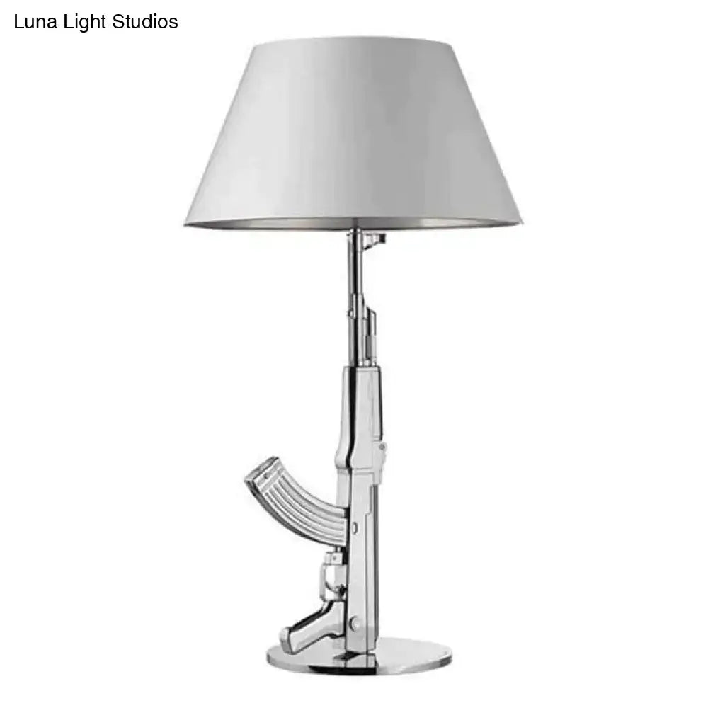 Modern ak47 gun lounge floor lamp with chrome finish and white conical shade in silvery gold lustre for bedroom use