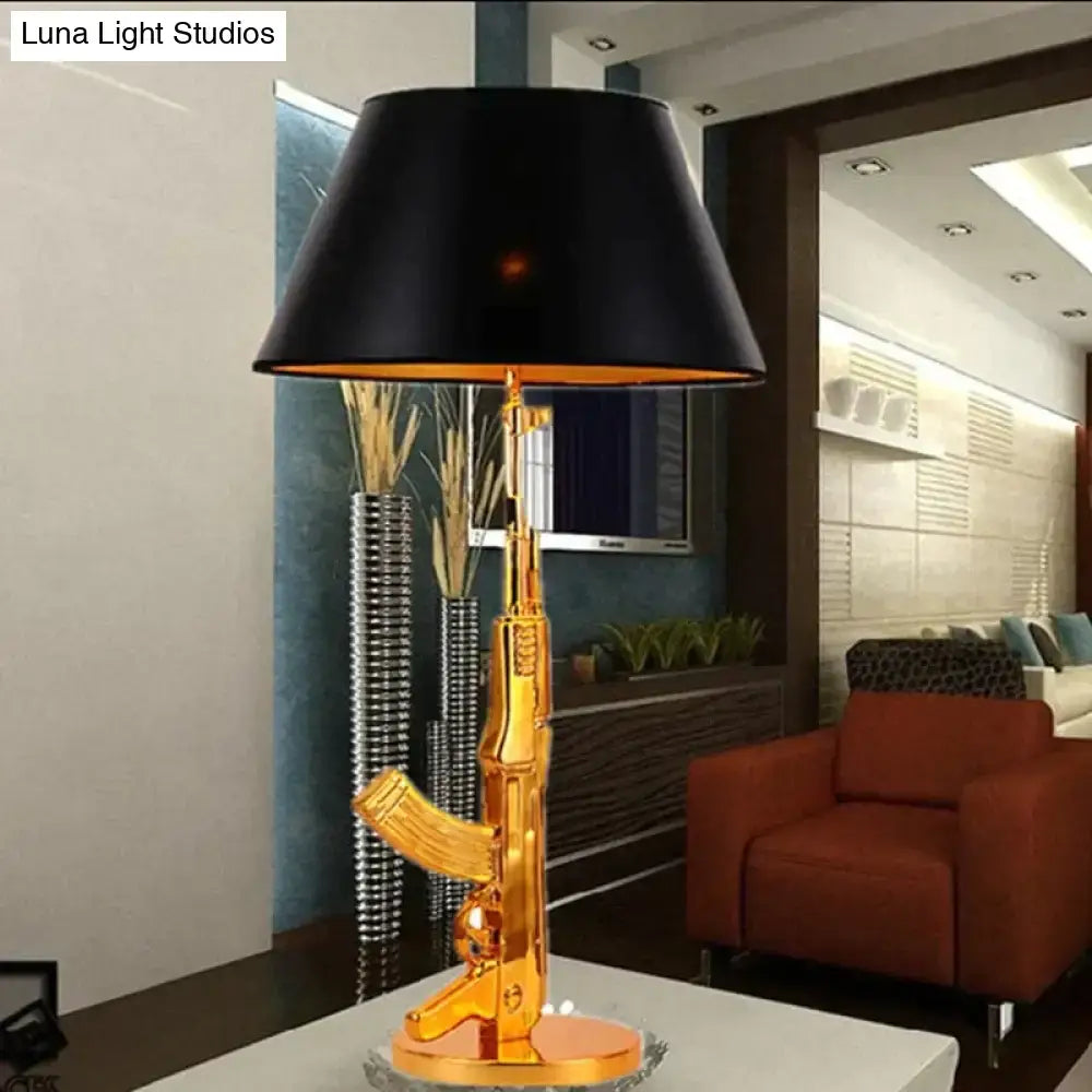 Modern ak47 gun lounge floor lamp in silvery gold lustre with black drum shade for bedroom lighting