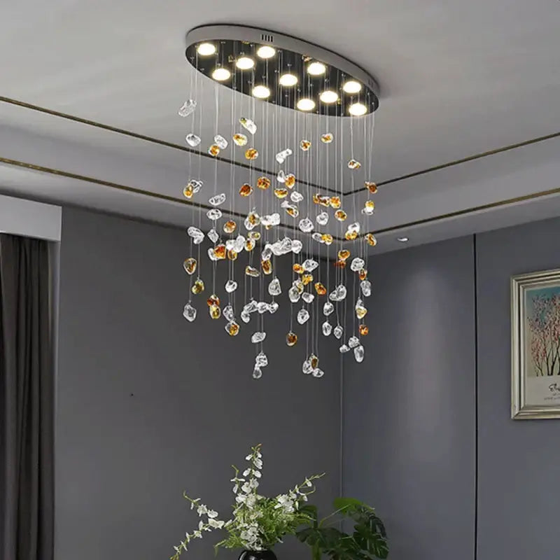Modern amber and gold colorful crystal stone chandelier with clear and amber droplets for dining room decorbites colorful crystal