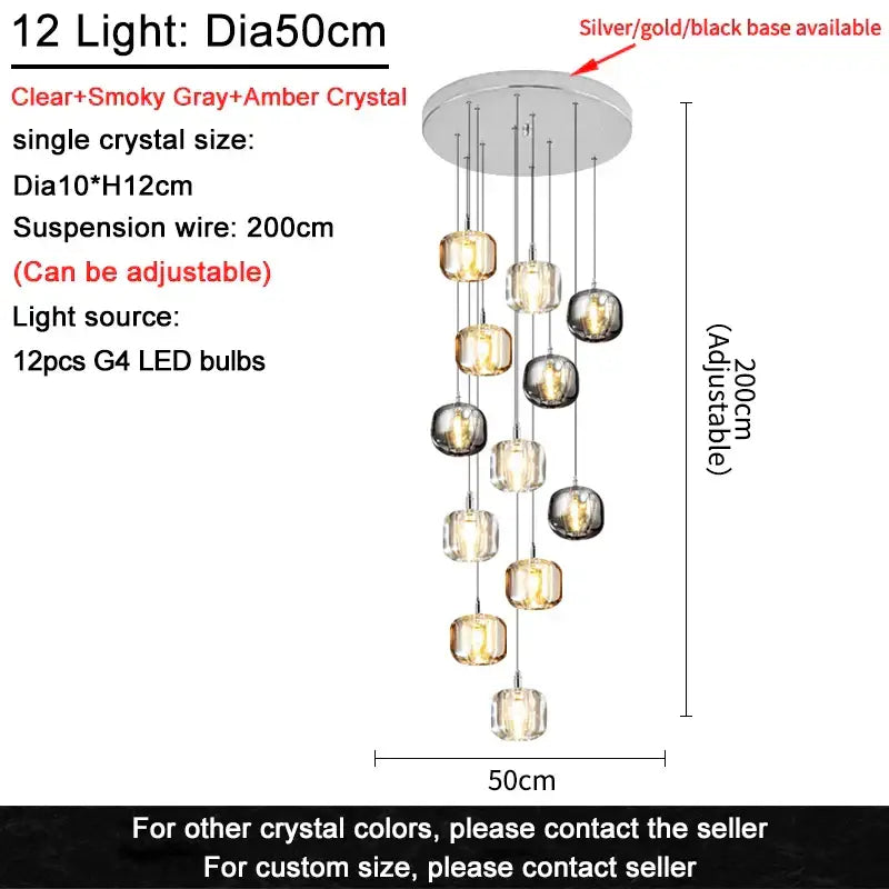 Modern amber and gold crystal led ceiling chandelier with 12 crystal spheres in clear smoky gray and amber decorbites crystal led