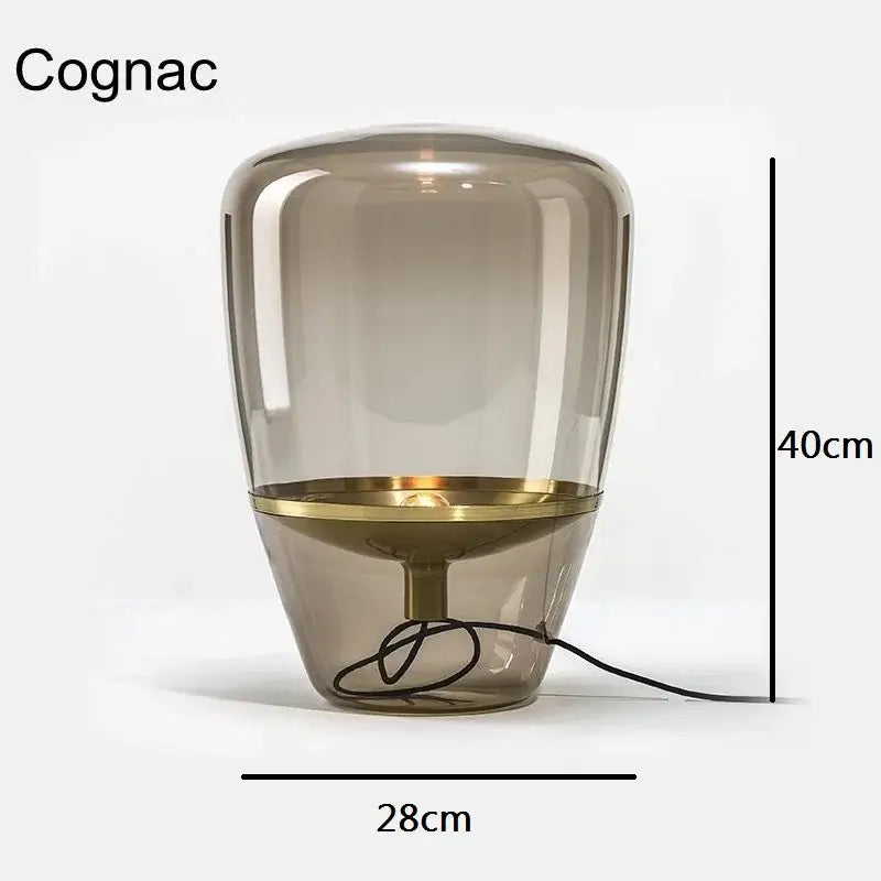 Modern amber balloons led glass table lamp in cognac color with brass base for home office use