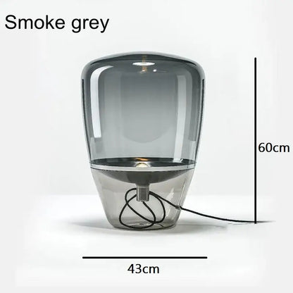Modern amber balloons led glass table lamp with smoke grey glass and metallic base for home office use