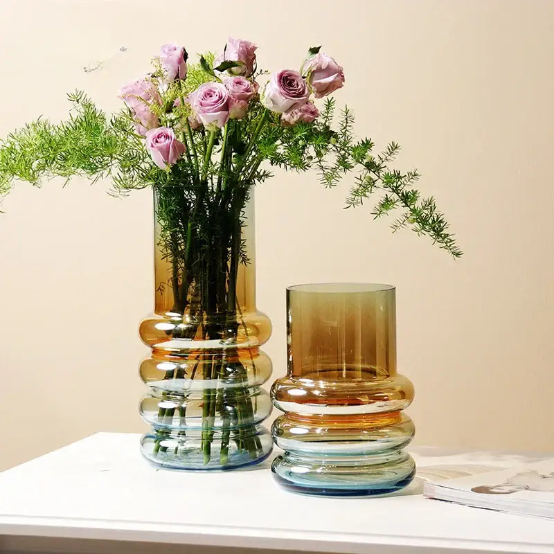 Tall amber glass gradient glass vase with stacked rounded tiers and blue base for modern living room decorbites gradient glass