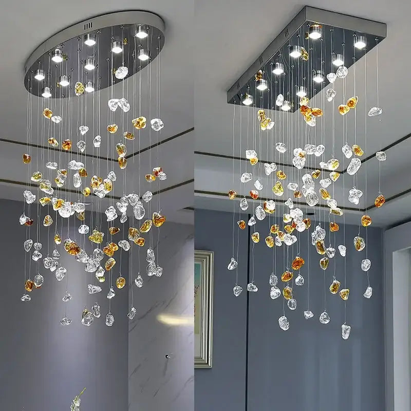 Modern amber and clear crystal dining chandelier with sleek metallic frame by decorbites crystal dining decor
