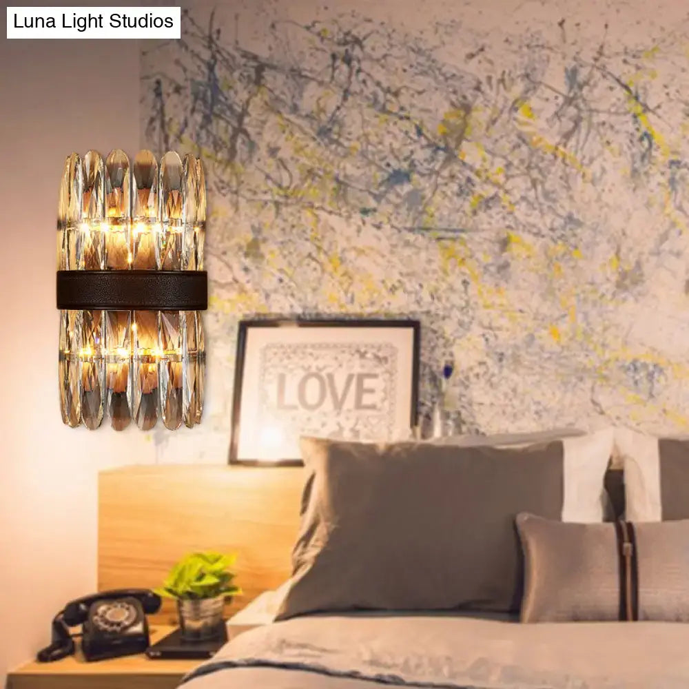 Modern amber and clear crystal wall sconce with dark brown leather strap direct wired electric power source