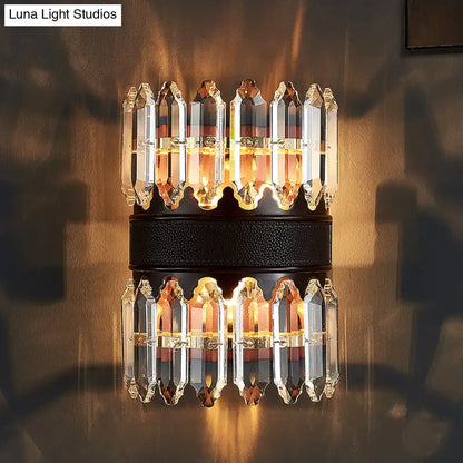 Modern amber and clear crystal chandelier wall sconce with black leather band for direct wired electric bedroom use