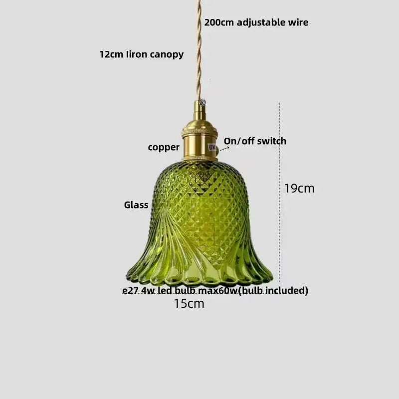 Modern amber copper glass led pendant light with green bell-shaped glass and copper glass led adjustable suspension