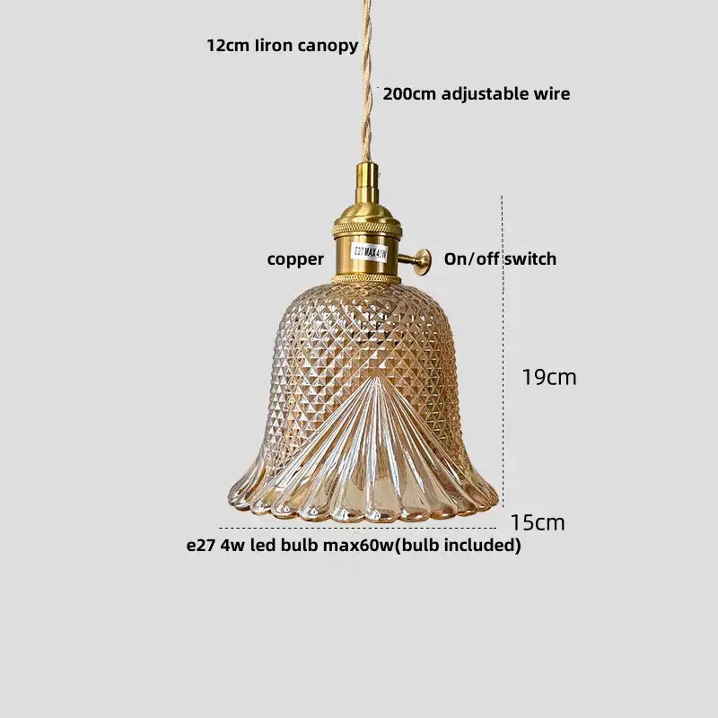 Modern amber copper glass led pendant light with vintage bell-shaped amber glass shade and brass decorbites copper glass finish
