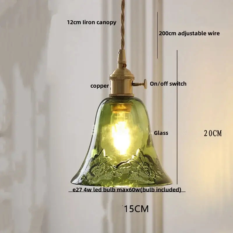 Vintage-style green glass bell-shaped pendant light with floral etching and brass copper fixture for decorbites copper glass led lighting