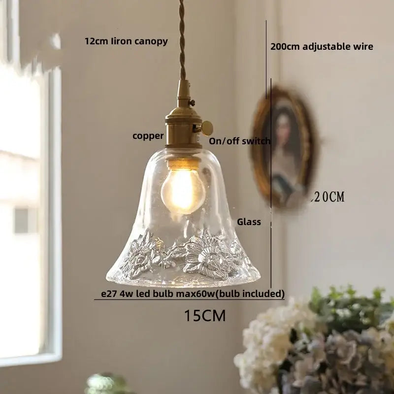 Modern amber copper glass led pendant light with clear bell-shaped shade floral etchings brass copper canopy decorbites copper glass