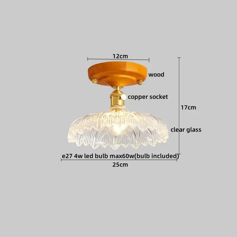Modern amber glass and brass led ceiling lamp with fluted glass design and amber wooden ceiling mount for dining room