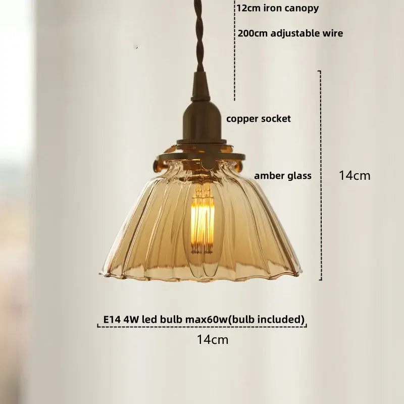 Antique-style pendant light with 12cm iron canopy copper socket and amber glass ball led shade for dining room