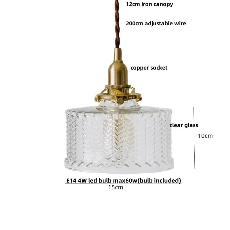 Modern amber glass ball led pendant light featuring clear textured ribbed glass and brass-colored metal fittings